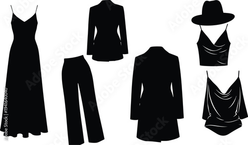 Collection of seven office supply silhouettes, black vector icons of desk lamp, stapler, briefcase, and computer isolated on white.