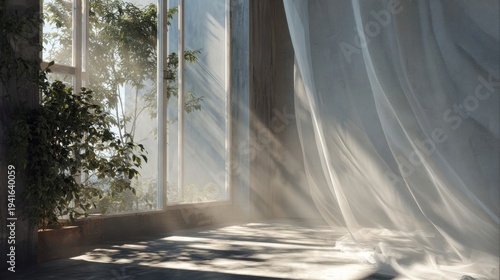 Sunlit window with billowing sheer curtain and indoor plants with dramatic light rays for interior design background and natural light inspiration