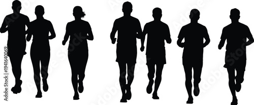 Collection of seven runner silhouettes in a row, black vector icons of male and female athletes jogging in group formation isolated on white.