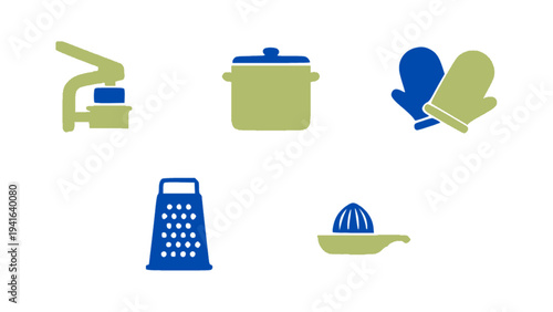 Flat kitchen icons including cooking pot, faucet, oven gloves, grater, and juicer.
