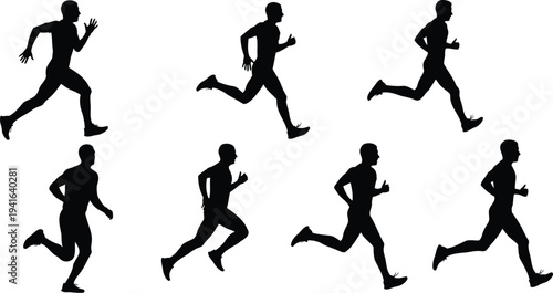 Collection of seven running man silhouettes, black vector icons of male athletes in dynamic sprinting and jogging poses isolated on white.