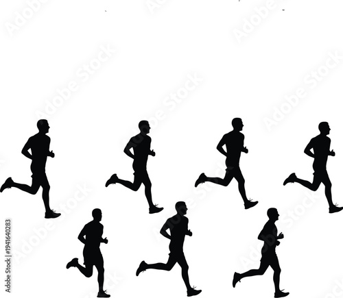 Collection of seven sprinting man silhouettes, black vector icons of male athletes in dynamic running and jogging poses isolated on white.