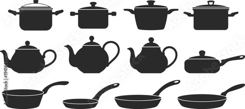 Black Silhouette Icon Set Of Kitchenware Featuring Cooking Pots With Lids Tea Kettles Frying Pans And Saucepans For Kitchen Cooking Utensils And Gastronomy