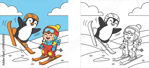 Cute cartoon penguin and little boy skiing down a snowy hill, vector illustration of happy child and animal friend playing winter sports together.