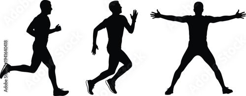 Running Man Athlete Silhouette Set Showing Jogging Sprint and Fitness Training Poses, Sport Exercise Movement Isolated Vector Illustration