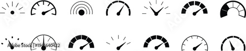 Black Silhouette Icon Set Of Speedometers And Gauges Featuring Various Dials Dashboards Measurement Indicators Performance Levels And Speed Scales For Automotive And Industrial