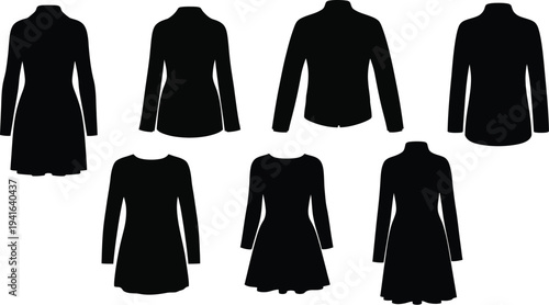 Collection of seven women's long-sleeved dress silhouettes, black vector icons of fashionable autumn and winter dresses isolated on white