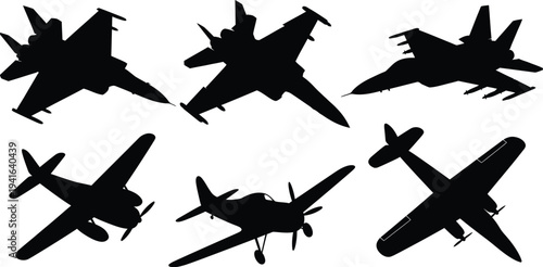 Collection of six aircraft silhouettes, black vector icons of modern fighter jets and vintage propeller planes isolated on white