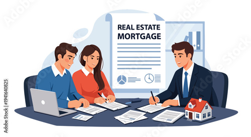 Modern flat vector illustration of young couple signing mortgage documents with financial advisor in office. Real estate loan approval, home buying process and property financing concept