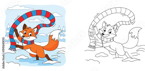 Cute cartoon red fox playing with a long striped scarf in winter forest, vector illustration of happy animal having fun in snow, greeting card or holiday design.
