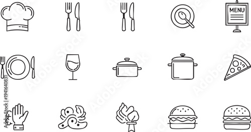 Black and white line of food, cooking, and dining line chef hat fork knife