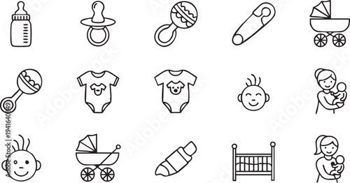 Black and white baby and baby care bottle pacifier rattle diaper