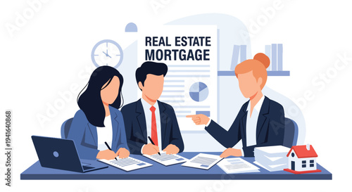 Modern flat vector illustration of young couple signing mortgage documents with financial advisor in office. Real estate loan approval, home buying process and property financing concept
