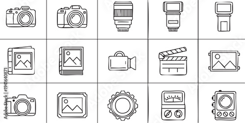 Black and white of cameras, lenses, and equipment arranged in a grid
