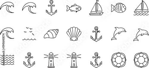 Black and white nautical and marine life in a grid layout