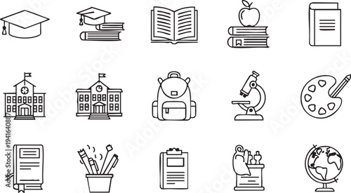 Black and white of educational and school symbols graduation cap