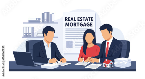 Modern flat vector illustration of young couple signing mortgage documents with financial advisor in office. Real estate loan approval, home buying process and property financing concept