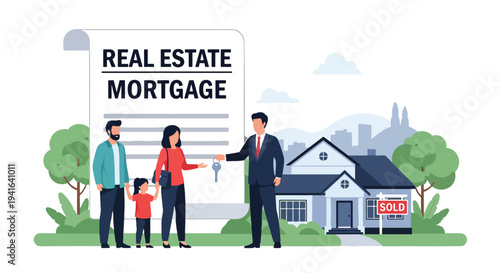Flat vector illustration of happy family receiving house keys from real estate agent in front of new home. Mortgage approval, home ownership and successful property purchase concept