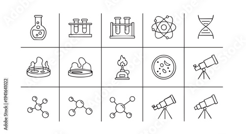 Black and white of science equipment and symbols in a grid layout