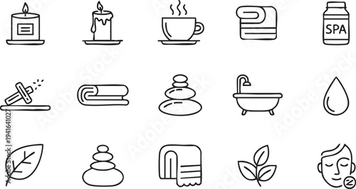 Black and white of relaxation and wellness including candles, baths, and plants