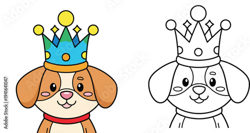 Cute cartoon dog wearing a royal crown, funny puppy king character isolated on white background, vector illustration for birthday party or mascot design.