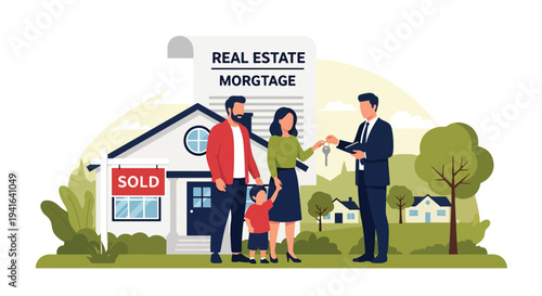Flat vector illustration of happy family receiving house keys from real estate agent in front of new home. Mortgage approval, home ownership and successful property purchase concept