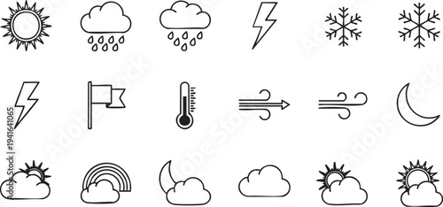 Black and white weather depicting sun, clouds, rain, lightning, snow, wind, and moon