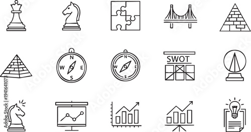 Chess pieces, compasses, bridge, pyramid, S W O T analysis, graphs, and lightbulb