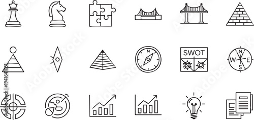 Chess pieces, puzzle, bridge, pyramid, compass, charts, light bulb, documents, and other symbols