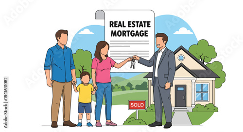 Flat vector illustration of happy family receiving house keys from real estate agent in front of new home. Mortgage approval, home ownership and successful property purchase concept