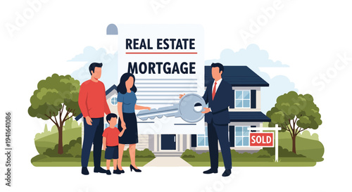 Flat vector illustration of happy family receiving house keys from real estate agent in front of new home. Mortgage approval, home ownership and successful property purchase concept