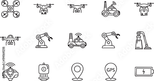 Set of black and white representing drones, robots, and technology symbols