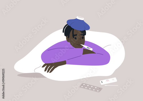 A young character lies in bed with a cold water bottle on their head, thermometer in mouth, and a blanket wrapped around them, They look unwell but relaxed in the soft light of a quiet room.