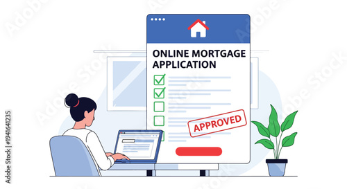 Modern flat vector illustration of woman applying for mortgage online using laptop interface with house icon and approval checklist. Digital banking and home loan application concept