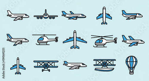 Collection of Aviation Icons - Planes, Helicopters, and Hot Air Balloon.