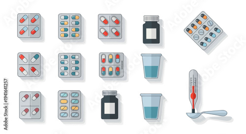 Assorted Medication: Pills Capsules Syrup and Thermometer for Healthcare Treatment.