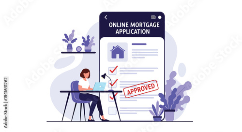 Modern flat vector illustration of woman applying for mortgage online using laptop interface with house icon and approval checklist. Digital banking and home loan application concept