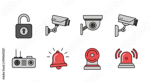 Collection of Security Cameras Alarms and Padlock Icons.