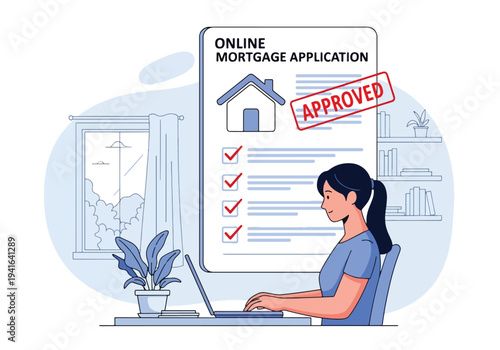 Modern flat vector illustration of woman applying for mortgage online using laptop interface with house icon and approval checklist. Digital banking and home loan application concept