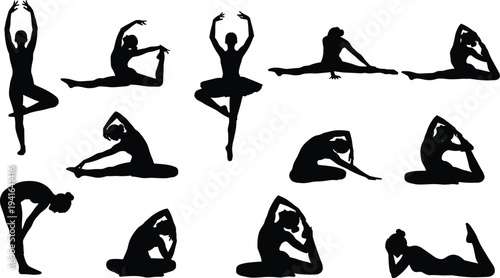 Yoga Woman Silhouette Set with Various Stretching and Meditation Poses, Fitness Wellness and Healthy Lifestyle Vector Illustration