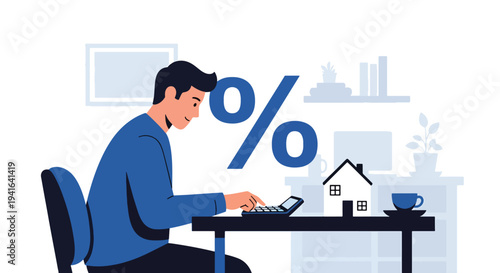 Flat vector illustration of man calculating mortgage payments using calculator with percentage and house symbol. Financial planning and home loan affordability concept