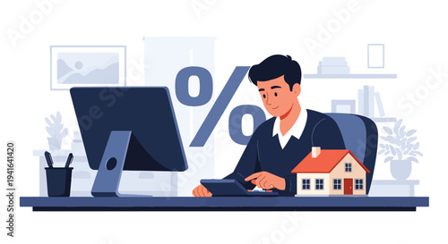 Flat vector illustration of man calculating mortgage payments using calculator with percentage and house symbol. Financial planning and home loan affordability concept