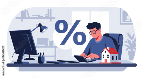 Flat vector illustration of man calculating mortgage payments using calculator with percentage and house symbol. Financial planning and home loan affordability concept