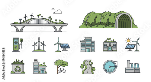 Collection of Sustainable Energy and Green Infrastructure Icons.