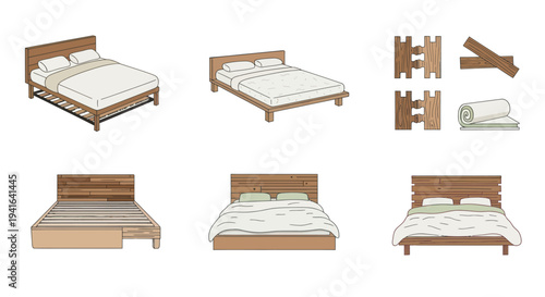 Vector illustration set of a wooden double bed with assembly parts and different views.