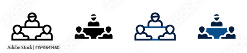 Iconos de reunión de equipo. Personas reunidas en mesa, colaboración laboral, conversación empresarial, trabajo grupal, coordinación profesional. Ilustración vectorial