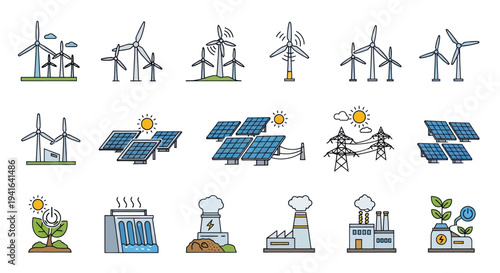 Collection of Renewable Energy and Industrial Power Generation Icons.