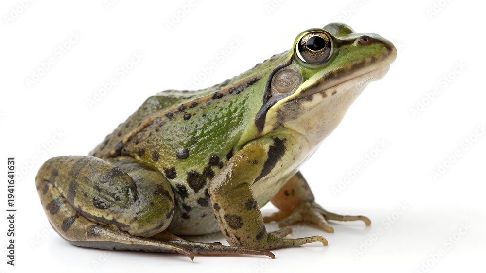 Fototapeta premium A green frog sitting on a white background looking upwards