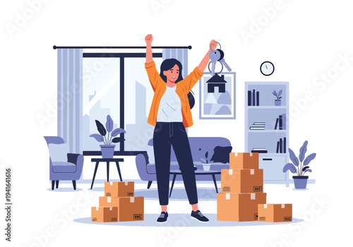 Flat vector illustration of woman celebrating first home purchase with house keys and moving boxes. Mortgage success and new homeowner lifestyle concept