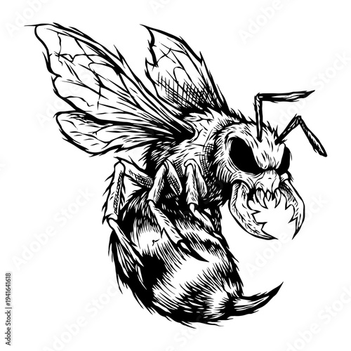 Hand drawn black and white vector illustration of a creepy bee.